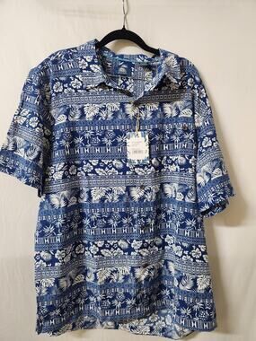 Havana Jim Hawaiian Camp Shirt XXL Blue White Tropical Aloha Button Front NWT